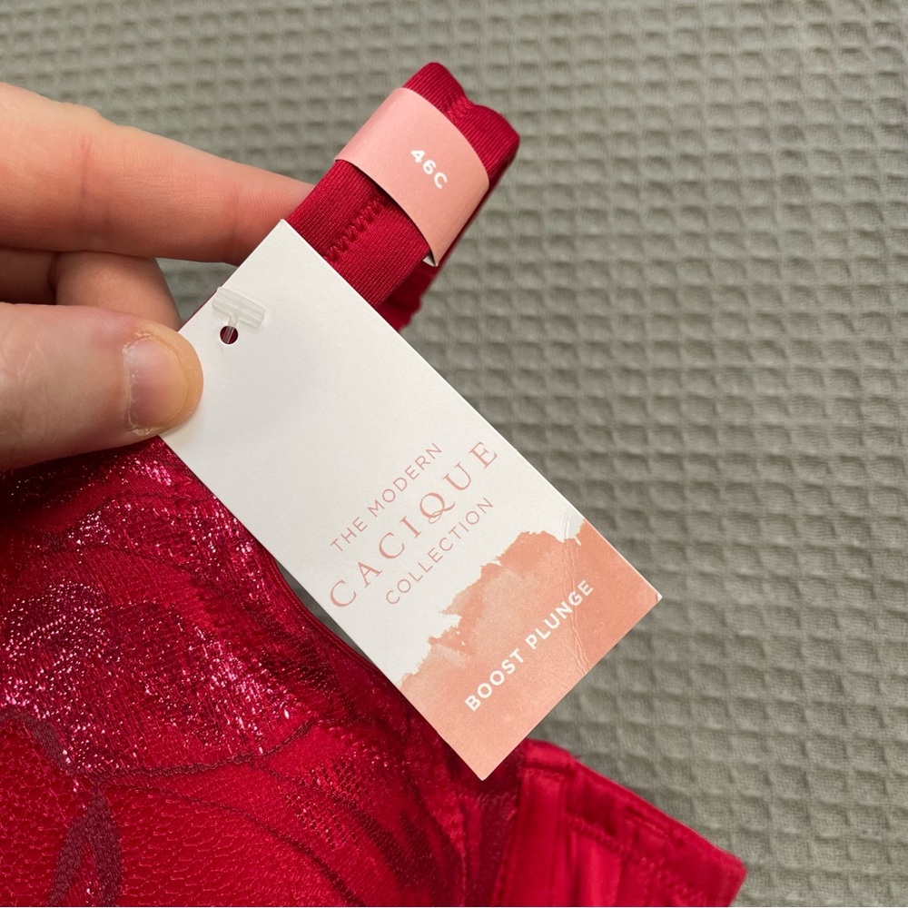 New Cacique Boost Plunge Bra 46C Red Lace Overlay Underwire Modern - Picture 2 of 8